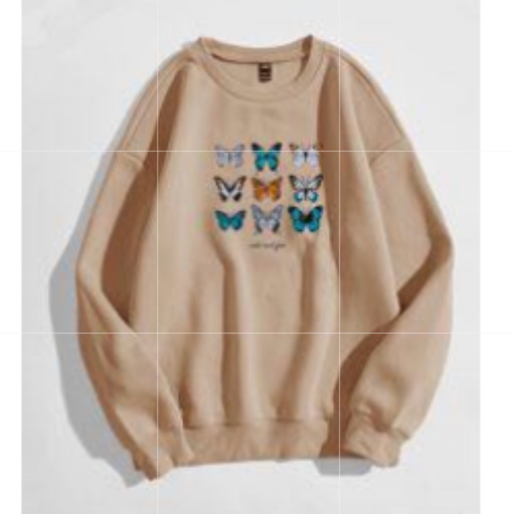 SHEIN Beige Crewneck Sweatshirt with Butterfly Print